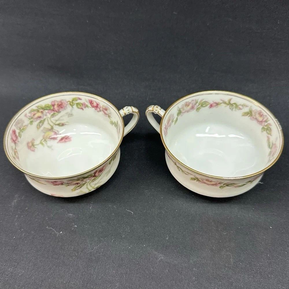 Haviland Limoges 'The Amstel' Bouillon Cups, Gold Pink Roses, Antique, Set of 2